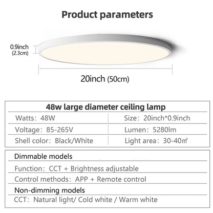 Plafonnier LED Connecté 50 cm — Dimmable · App & Télécommande · 48W